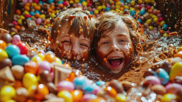 Foto kinderen spelen in een zwembad vol chocolade in leuke beelden voor het concept van het paasfeest