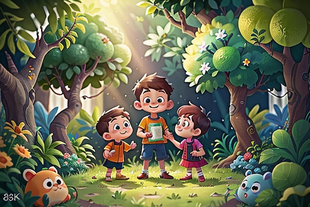 Kinderen spelen in het bos cartoon bos kinderen paradijs wallpaper achtergrond illustratie