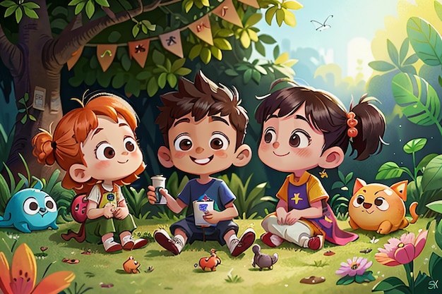 Kinderen spelen in het bos Cartoon Forest Children Paradise Wallpaper achtergrond illustratie