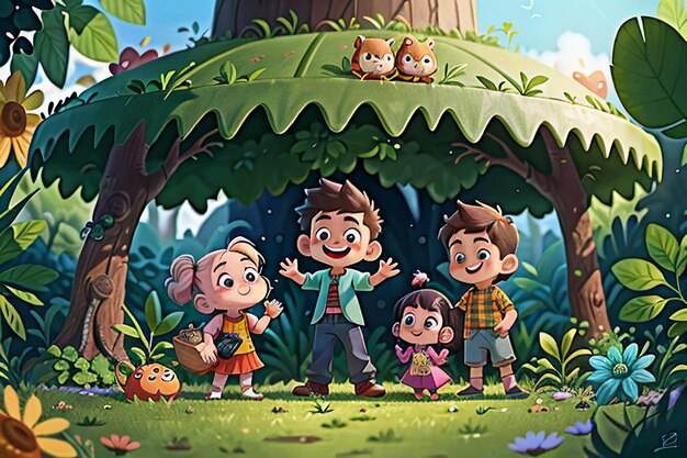 Kinderen spelen in het bos Cartoon Forest Children Paradise Wallpaper achtergrond illustratie