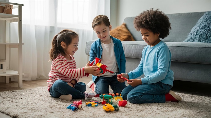 Foto kinderen spelen met een speelgoed en een doos met legos