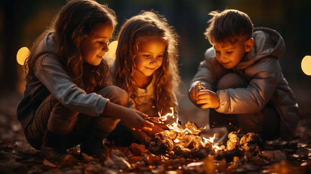 kinderen spelen met een vuur in het herfstbos