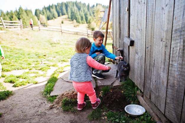 Kinderen spelen met kat op bergdorp