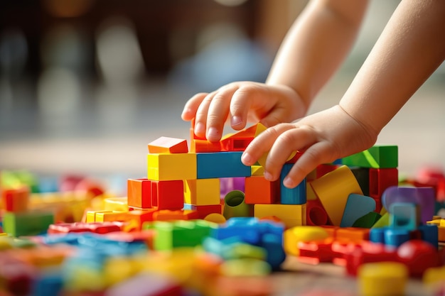 Kinderen spelen met kleurrijke bouwstenen in de kunst