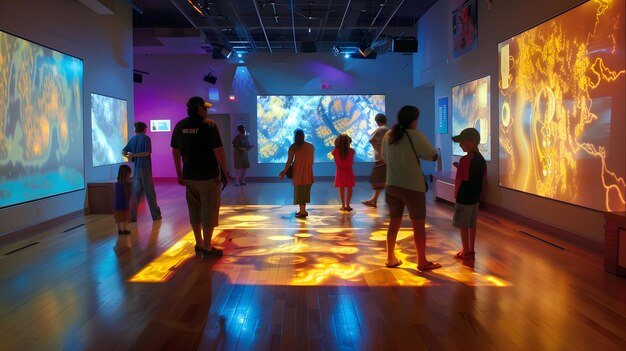 Kinderen spelen met kleurrijke projecties in een kunstgalerij