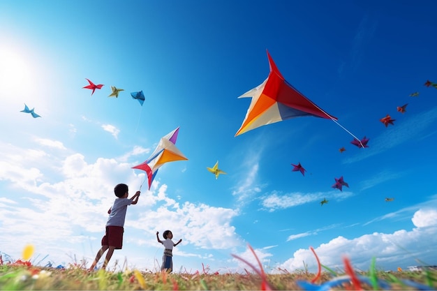 Kinderen spelen met kleurrijke vliegers in een heldere blauwe lucht Kinderdagspeelgoed