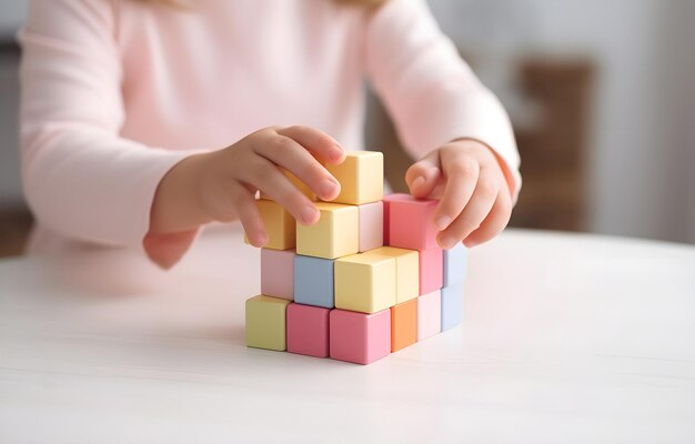 Kinderen spelen met speelgoedblokjes op een witte houten tafel.