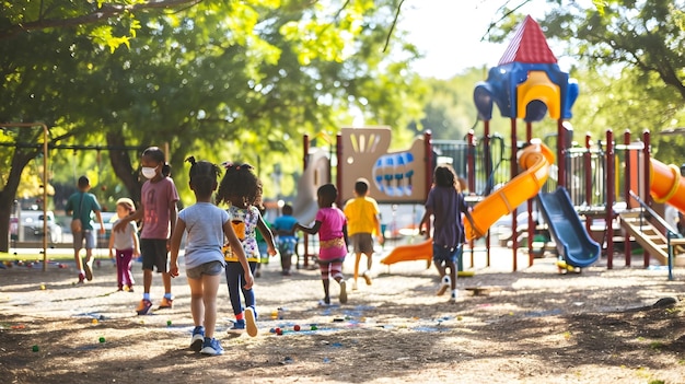 Kinderen spelen op een kleurrijke speeltuin