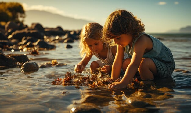 Foto kinderen spelen op het strand kust zee golven zomer familie vriendschap