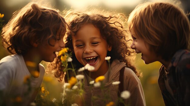 Foto kinderen spelen samen en lachen in de natuur