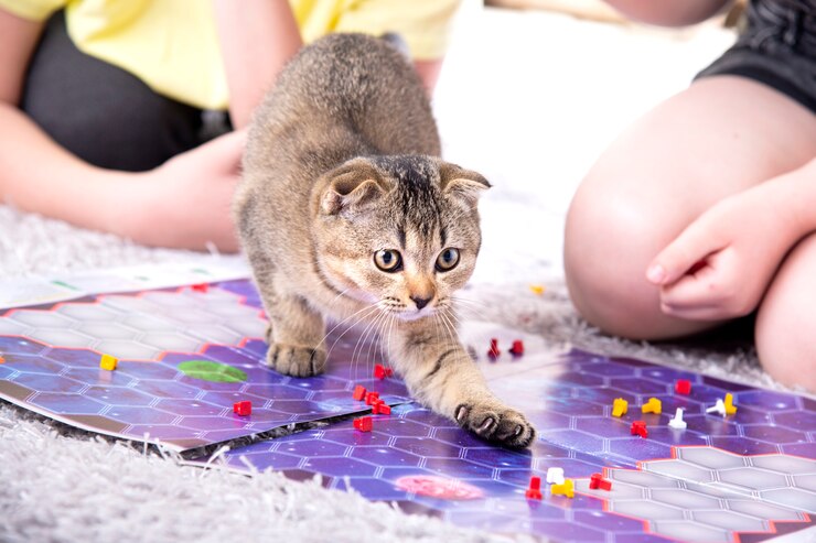 Kinderen spelen thuis met een Brits speels katje op het tapijt.