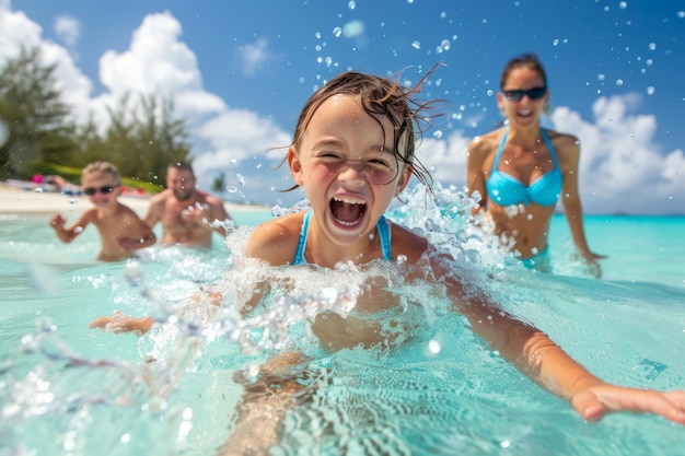 Kinderen spetteren in het ondiepe water Leuke kinderen die plezier hebben op het zandstrand in de zomer Generatieve AI