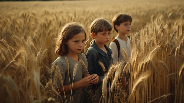 Kinderen staan in een tarweveld