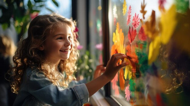 Kinderen thuis tekenen regenbogen op de ramen van de sociale gemeenschap Flashmob in zelfisolatie quarantaine pandemie Creatieve kinderen kleurrijke vakantiekunstenaars