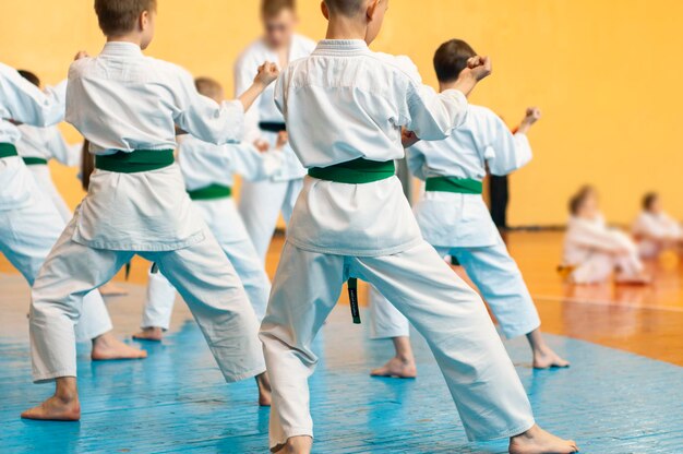 Kinderen trainen op karatedo Banner met ruimte voor tekst Voor webpagina's of reclamedruk Foto zonder gezichten