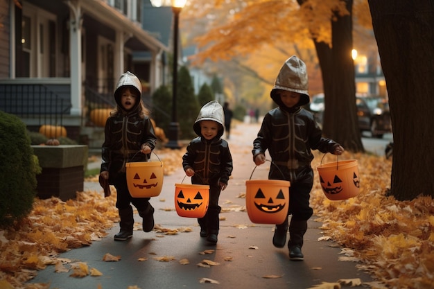 Kinderen Trick or Treat met JackOLantern Candy Buckets op Halloween