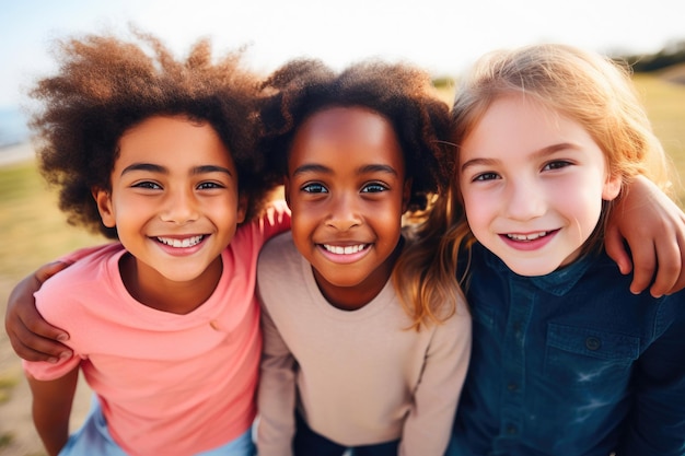 Kinderen uit verschillende culturen lachen samen in de open lucht