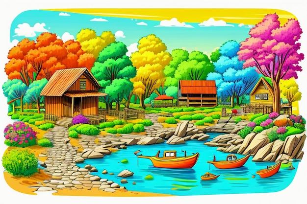 Kinderen verhaal prentenboek illustratie landschap cartoon schilderij kleurrijke eenvoudige abstracte kunst