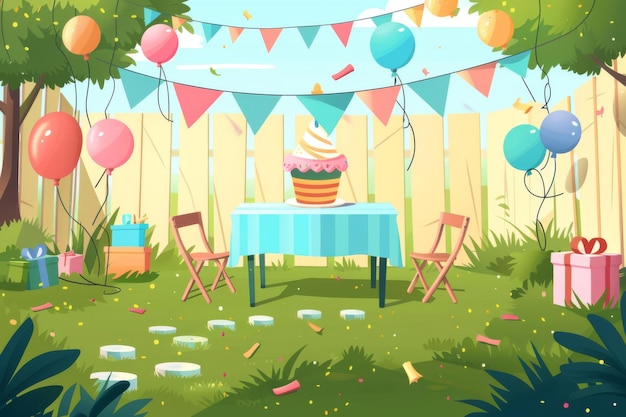 Kinderen verjaardagsfeest decoraties met vlaggen ballonnen tafel en stoelen Moderne cartoon illustratie van een tuin met feestelijke cupcakes en geschenkkistjes