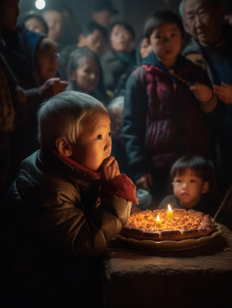 Kinderen verjaardagsfeestje kind blazen kaarsen op taart en het openen van geschenken pastel regenboog thema vieren
