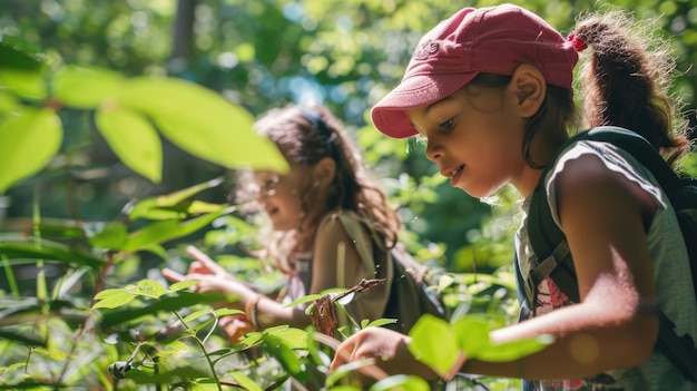 Kinderen verkennen de natuurlijke wonderen van het bos in een zomerkamp