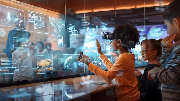 Foto kinderen verkennen wetenschappelijk museum met virtual reality headsets
