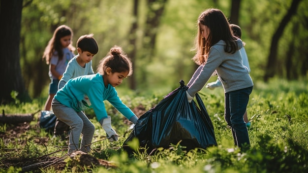 Kinderen verzamelen vuilnis in het park generatieve AI