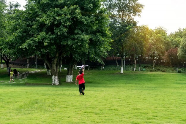 Kinderen vliegen op het gras in het openbare park