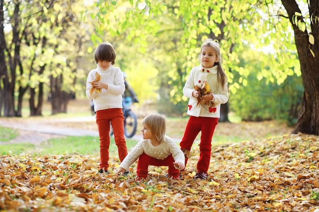 Kinderen voor een wandeling in het herfstpark Bladval in het park Familie herfstgeluk