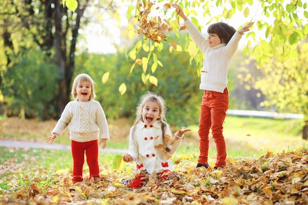 Kinderen voor een wandeling in het herfstpark. Bladval in het park. Familie. Val. Blijheid.