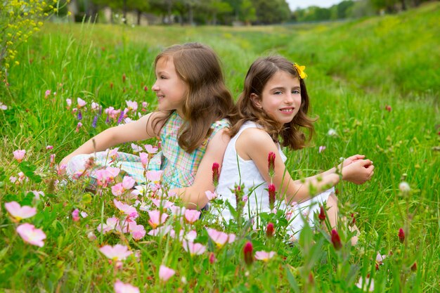 kinderen vrienden meisjes op de lente poppy bloemen weide