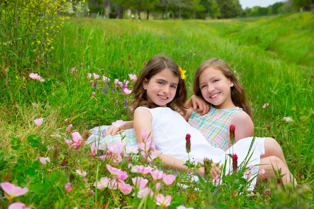 kinderen vrienden meisjes op de lente poppy bloemen weide