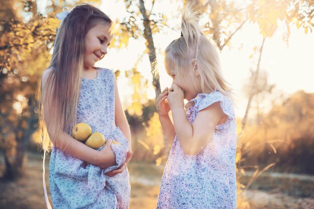 Kinderen wandelen in de zomer in de natuur Kind op een zonnige lenteochtend in het park Reizen met kinderen