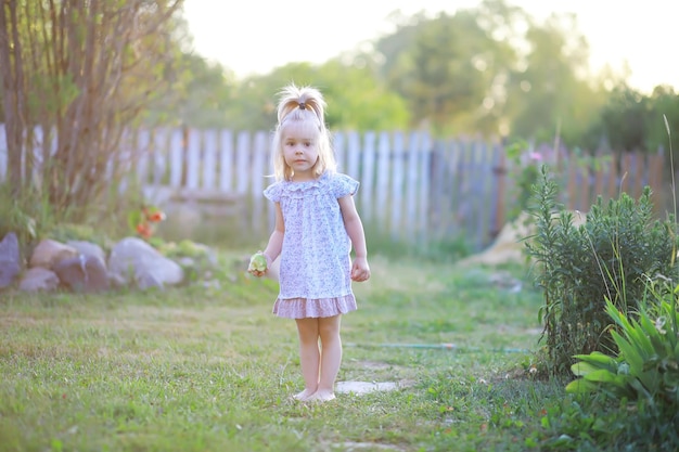 Kinderen wandelen in de zomer in de natuur Kind op een zonnige lenteochtend in het park Reizen met kinderen