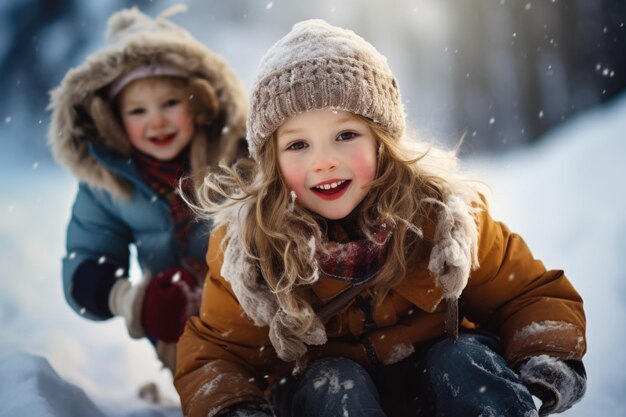 Kinderen wintervakantie tijd in de winter zorgeloze jeugd gelukkige tijd plezier in de sneeuw slee beeldhouwen een sneeuwman spelen in de natuur vreugde en plezier kinderen brengen tijd samen