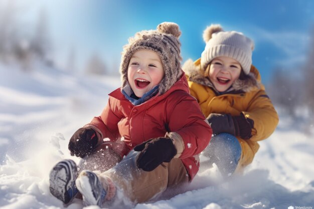 Kinderen wintervakantie tijd in de winter zorgeloze jeugd gelukkige tijd plezier in de sneeuw slee beeldhouwen een sneeuwman spelen in de natuur vreugde en plezier kinderen brengen tijd samen