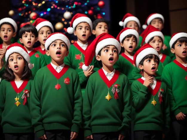 Kinderen zingen een lied bij de open haard op kerstavond
