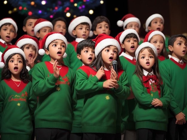 Kinderen zingen een lied bij de open haard op kerstavond