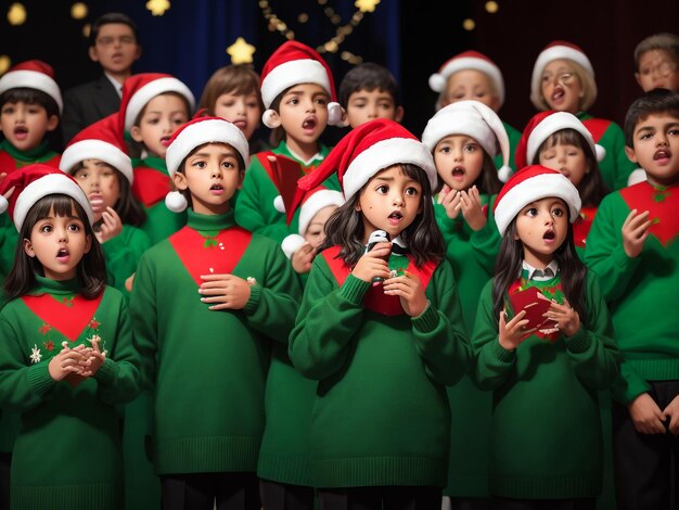 Kinderen zingen een lied bij de open haard op kerstavond