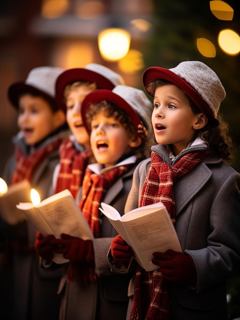 Kinderen zingen kerstliedjes op straat tijdens Kerstmis.