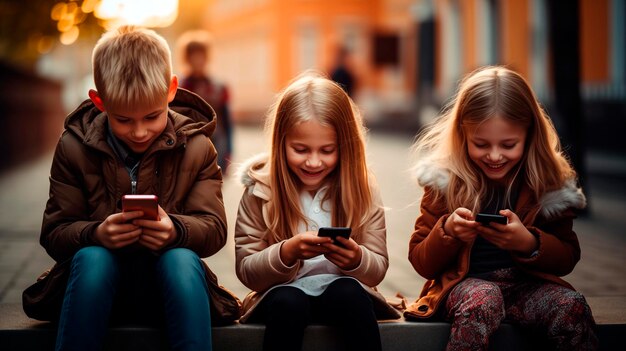 Kinderen zitten en gebruiken smartphones voor