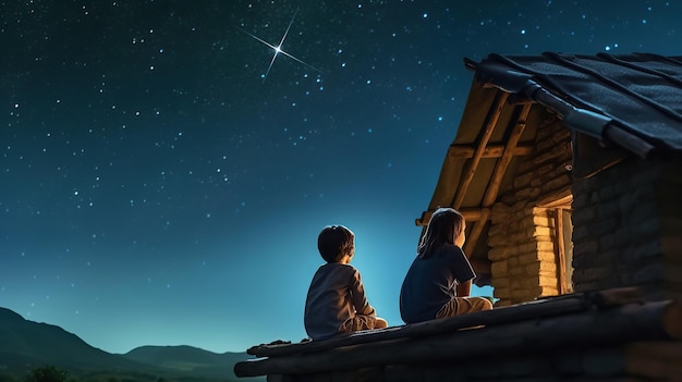 Kinderen zitten 's nachts op het dak kleine jongen en meisje kijken naar sterren aan de hemel wijzen naar de vallende ster Een professionele fotografie moet een generatieve AI van hoge kwaliteit gebruiken