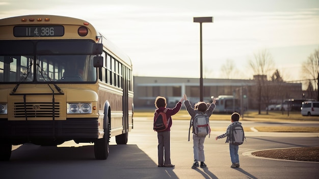 kinderen zwaaien met opgeheven armen naar de schoolbus.