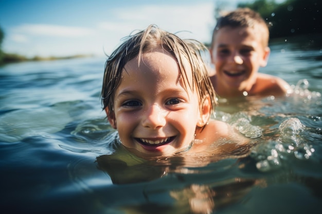 Kinderen zwemmen in de rivier. Ze lachen.