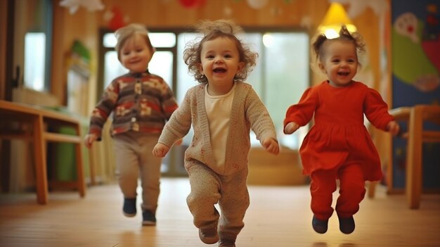 Photo in a kindergarten indoor preschool a bunch of amused children are having fun generative ai