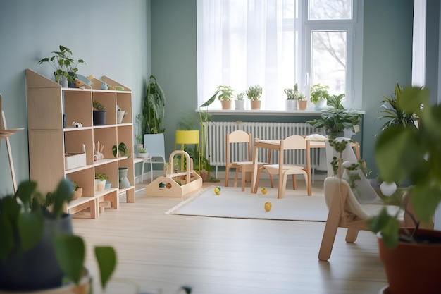 Kindergarten interior biophilic interior design with a variety of indoor plants Generative AI