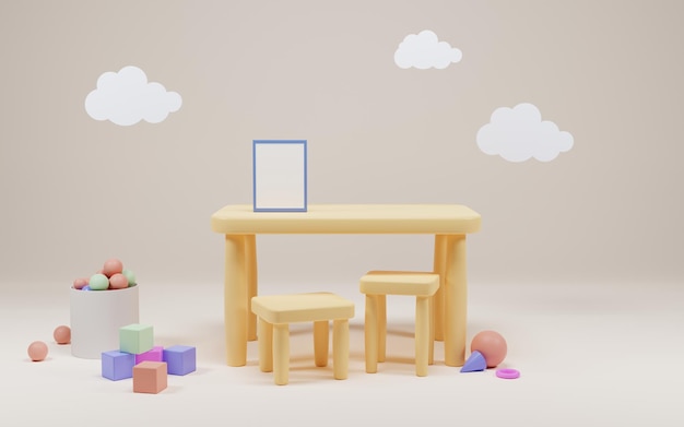 Kindergarten or preschool playroom interior Kids table with poster mock up and chairs for game and education Cartoon 3d illustration child room with clouds and toy cubes dry pool with balls