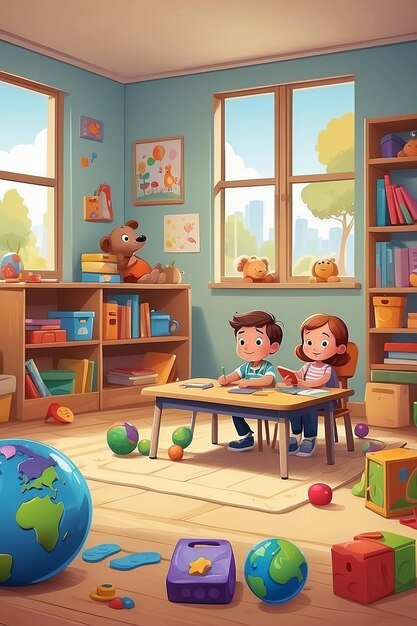 Kindergarten school scène met twee kinderen die speelgoed spelen in de kamer Cartoon personage