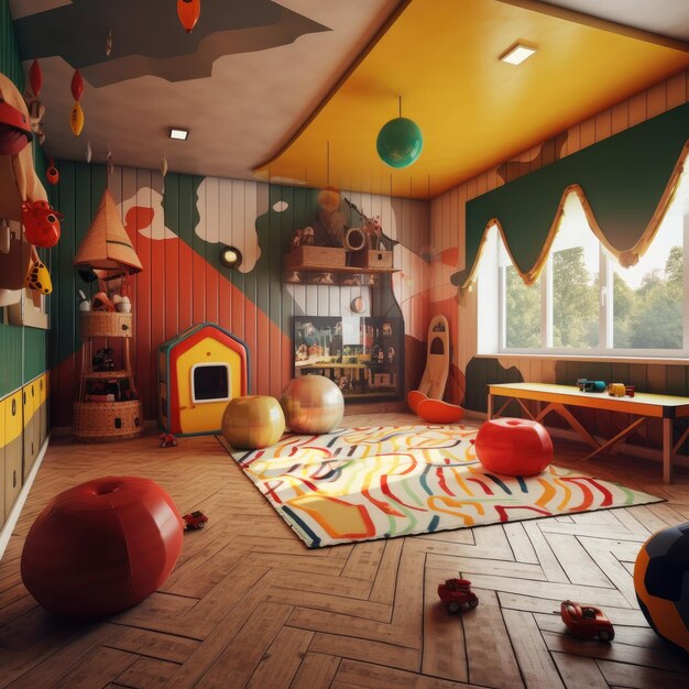 Foto kindergarten speelkamer kleurrijk speelgoed kindrenn speel spel generatieve ai