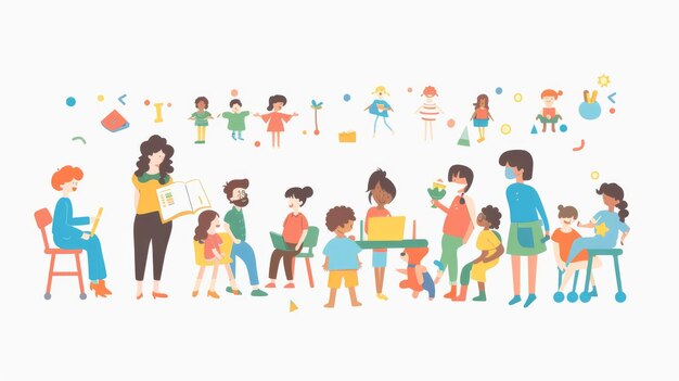 Kindergarten teachers and children Modern illustration in flat design style